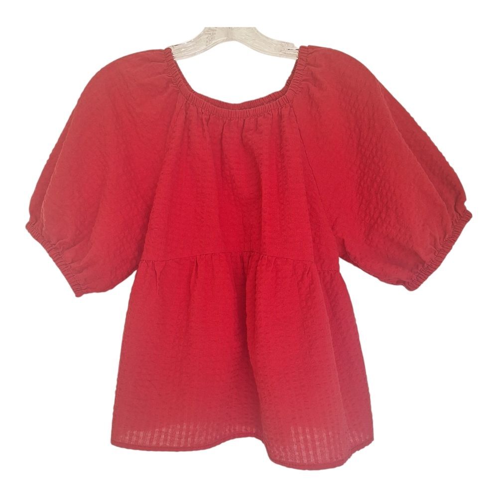 RED Puff-Sleeve Seersucker Babydoll Swing Blouse size M Old Navy Sanguine Top